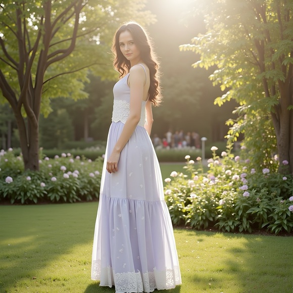 Elegant Lavender Maxi Skirt and Top with Lace Details - Picture 1 of 2